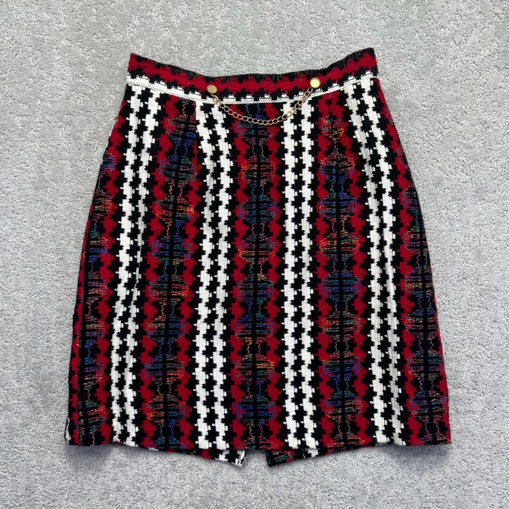 VINTAGE Laura Michelle Tweed Skirt Womens 12P Red Black White Geometric Chain